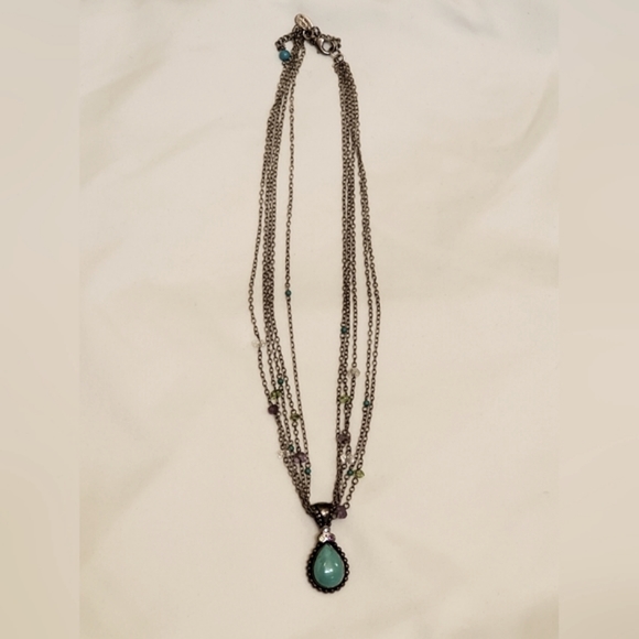 .925 STERLING SILVER 4 STRAND CHAIN WITH STONES AND TURQUOISE PENDANT W/ ACCENTS - Picture 2 of 13